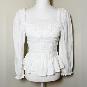 J. Crew White Smocked Boho Peplum Blouse Top Puff Sleeves 100%Cotton Women Small